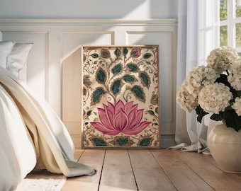 Lotus Print Indian Folk Art Traditional Indian Lotus Printable Wall Art Indian Vintage Pichwai Painting Lotus Poster Living Room Decor