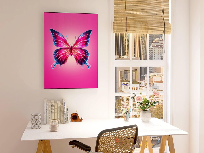 Pink Butterfly Print Neon Pink Wall Decor Cute Apartment Wall Art