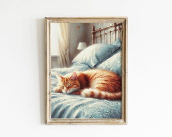 Cat Sleeping Painting Ginger Cat Antique Decor Vintage Cat Wall Print Cat Print Wall Decor Orange Animal Wall Art Sleeping Cat Oil Painting