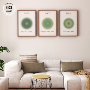 Juego de 3 carteles de aura positiva, juego de carteles espirituales, arte de pared relajante, mente, cuerpo, alma, arte de pared verde, juego imprimible de salvia DESCARGA DIGITAL