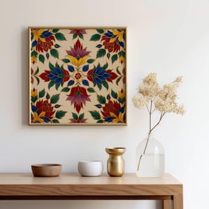 クリーム色の花のプリント インドのフォークアート 伝統的なインドの花のプリント可能な壁アート インドのヴィンテージピチワイ絵画 伝統的な花の壁アート