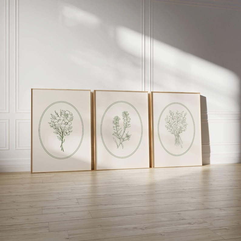 Green Floral Prints Set of 3 Sage Green Wall Art Botanical Floral ...