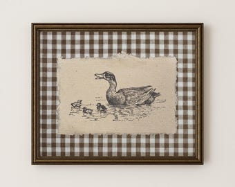 Vintage Duck Print: Brown Gingham Farmhouse Wall Art (Digital Download)