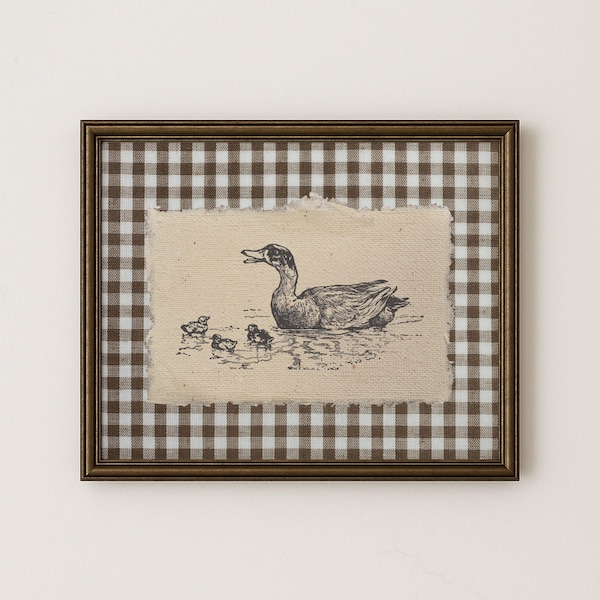 Vintage print eend: bruine gingang boerderij muurkunst (digitale download)