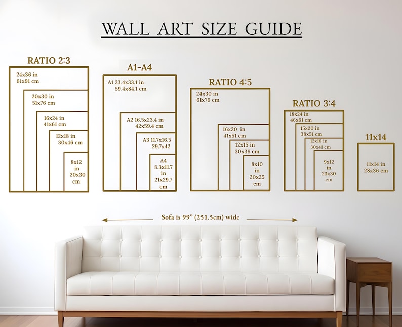 Puede incluir: Una gu&iacute;a de tama&ntilde;os de arte mural con marcos rectangulares que muestran dimensiones en pulgadas y cm. La gu&iacute;a incluye proporciones como 2:3, 4:5 y 3:4, con tama&ntilde;os que van desde 20x25 cm hasta 61x91 cm. Debajo de la gu&iacute;a hay un sof&aacute; blanco.