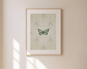 Vintage Butterfly Print Green Abstract Butterfly Wall Art Cottage Core Print Antique Butterfly Painting Trendy Decor Living Room Art