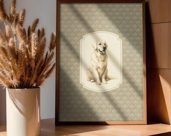 May include: A framed print with a golden retriever illustration. The dog is seated within a cream-coloured, ornate frame against a patterned background. The dark brown frame and print are displayed on a wooden surface. The print is a decorative item.