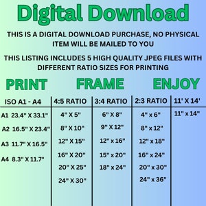 May include: A digital download graphic with a green header that reads "Digital Download." The image provides print size options in inches for various ratios, including ISO A1-A4, 4:5, 3:4, 2:3, and 11" x 14".