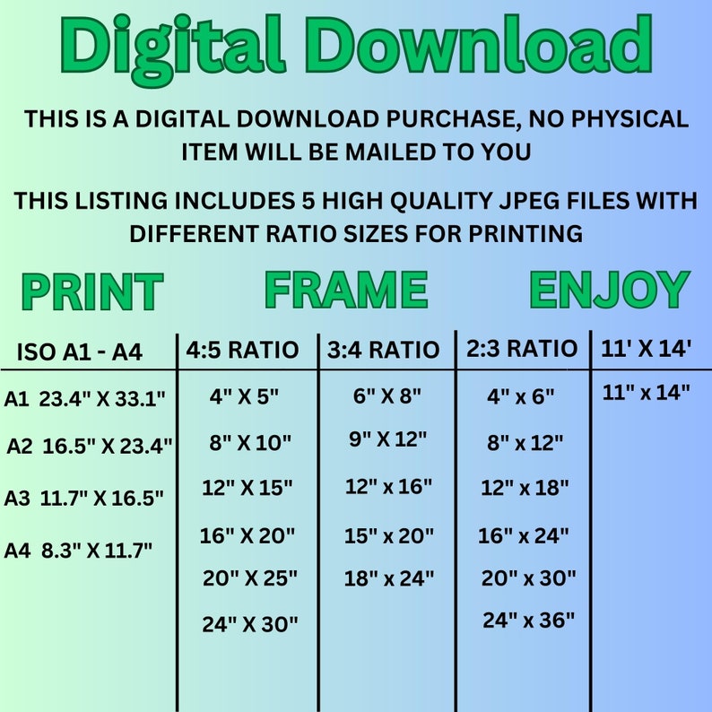May include: A digital download graphic with a green header that reads "Digital Download." The image provides print size options in inches for various ratios, including ISO A1-A4, 4:5, 3:4, 2:3, and 11" x 14".
