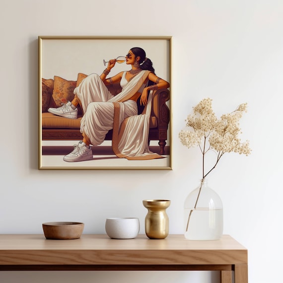 Modern Indian Woman Drinking Art Indian Pop Art Desi Women Drinking Art Kitchen Wall Art Indian Wall Art Feminist Poster Desi Girl Wine Art
