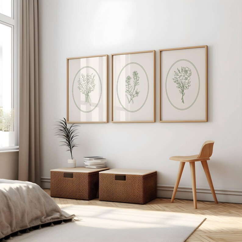 Green Floral Prints Set of 3 Sage Green Wall Art Botanical Floral ...