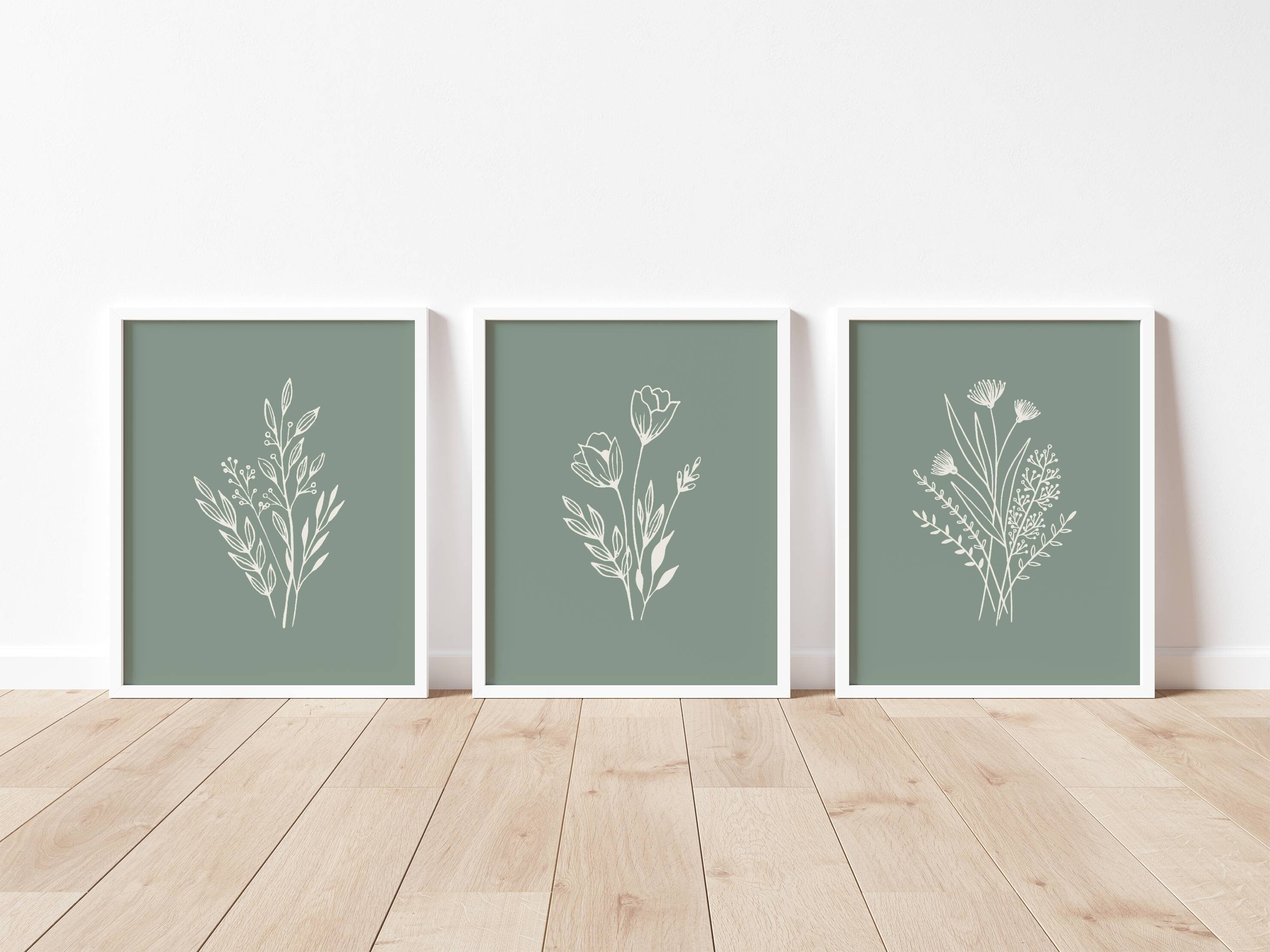 Green Floral Wall Art Set of 3 Sage Green Wall Prints Green Wall Decor ...