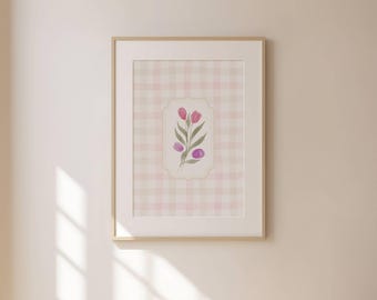 Vintage Tulip Illustration Print, Checkered Abstract Botanical Art (Digital Download)