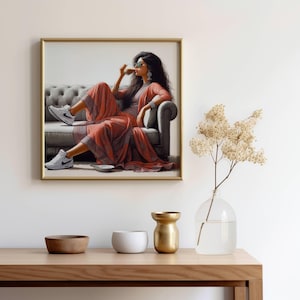 Digital artwork of a modern Indian woman sipping tea in vibrant colors.
desi woman in a turban drinking tea.
Feminist poster featuring an Indian woman with tea. Punjabi woman enjoying tea.
pop art of a turbaned woman sipping tea.