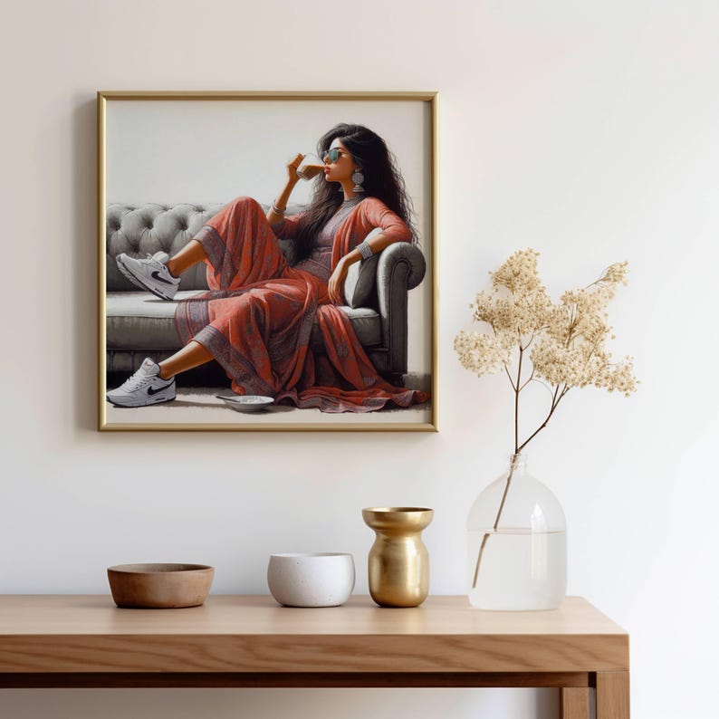 Digital artwork of a modern Indian woman sipping tea in vibrant colors.
desi woman in a turban drinking tea.
Feminist poster featuring an Indian woman with tea. Punjabi woman enjoying tea.
pop art of a turbaned woman sipping tea.
