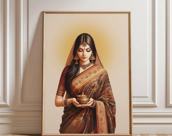 Traditional Indian Woman with Diya Art Indian Pop Art Desi Indian Desi Women with Diya Indian Wall Art Feminist Poster Desi Religious Art