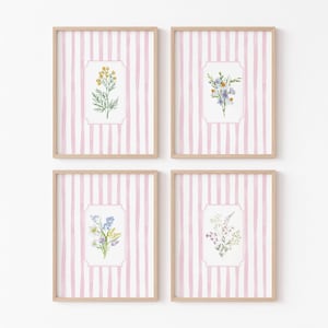 Vintage Pink Stripped Floral Print Set Of 4 Stripped Pink Wall Decor Botanical Floral Printable Vintage Room Decor Floral Gift For Her