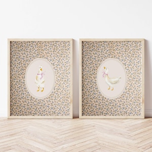 Vintage Floral Goose Nursery Print Set Of 2 Wall Art Baby Room Decor Idea Girl Bedroom Wall Decoration Pink Bow Baby Girl Nursery Wall Art