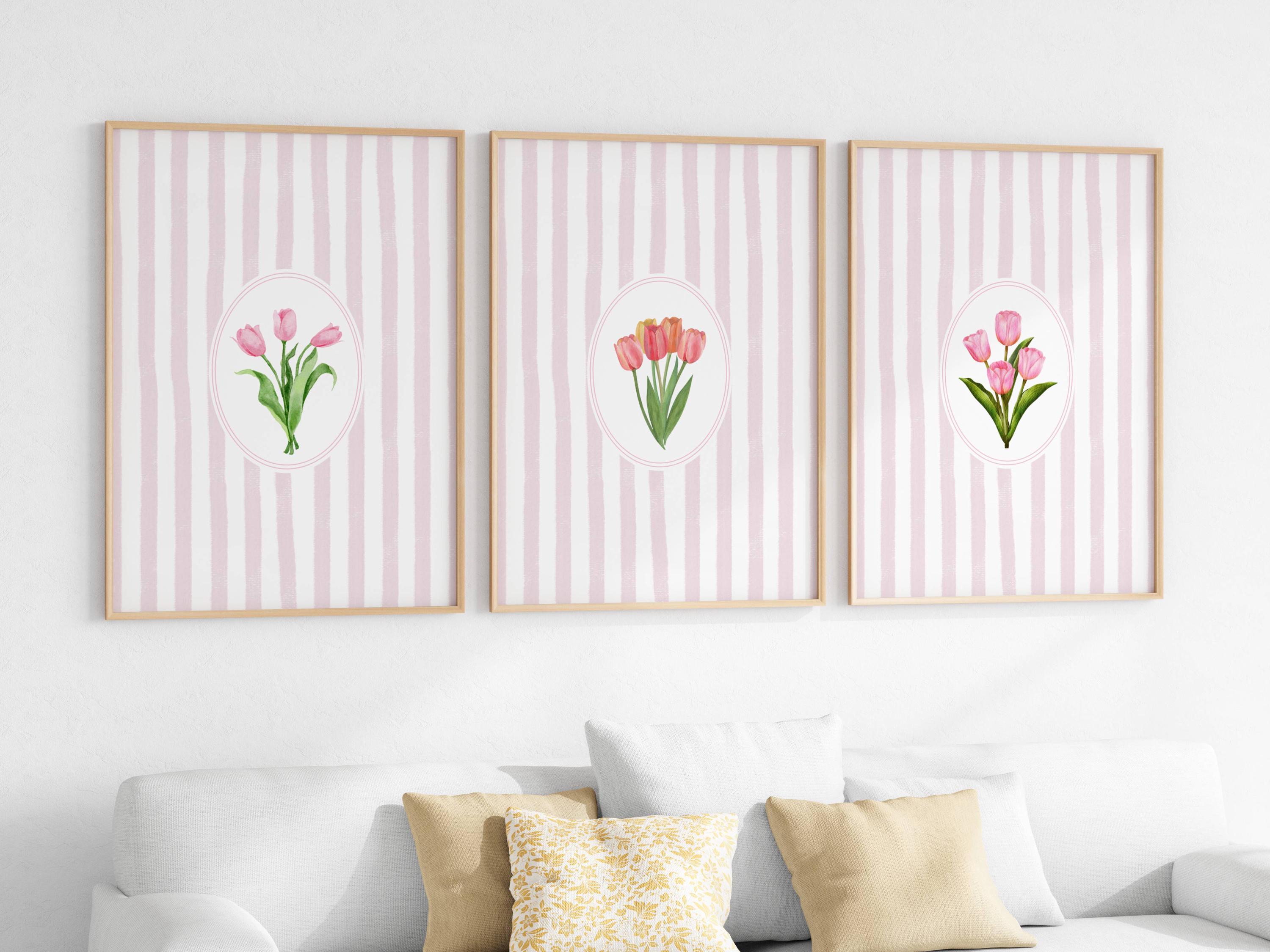 Vintage Pink Stripped Pink Tulip Print Set of 3 Stripped Pink Wall ...