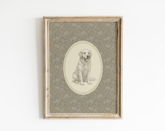 May include: A framed print with a pencil sketch of a Golden Retriever. The dog is in an oval frame, set against a floral patterned background. The frame has a distressed, antique appearance, adding to the vintage aesthetic.
