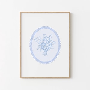 Vintage Tulip Illustration Print Blue Abstract Vintage Painting Vintage Botanical Digital Downloadable Trendy Decor Cornflower Blue Wall Art