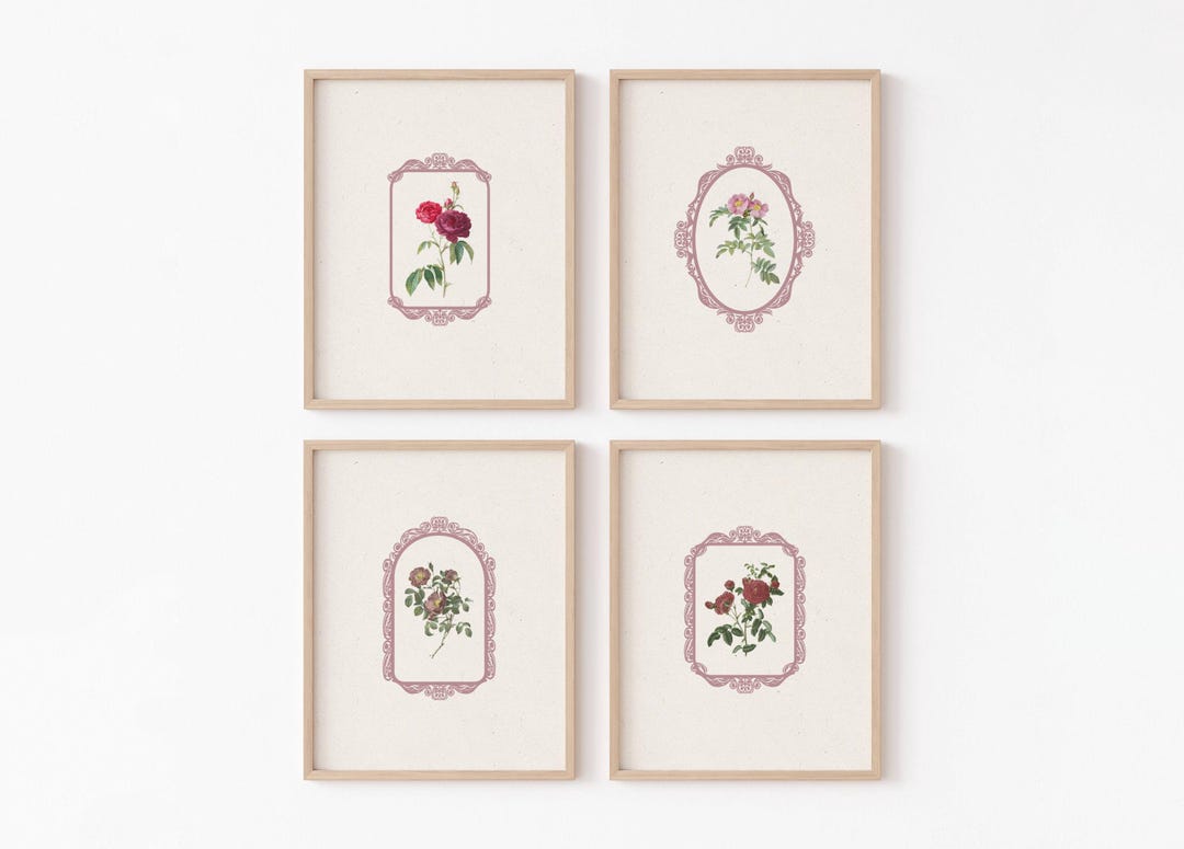 Bundle of FOUR PINK Vintage Floral Prints Set of 4 Botanical Flower ...