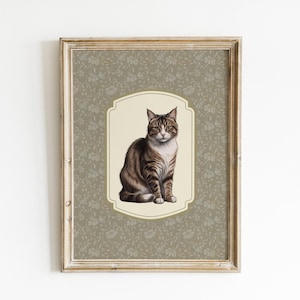 Vintage Tabby Cat Print Nursery Decor Floral Vintage Brown and Black Cat Wall Art Antique Cat Art Sketch Nursery Wall Art Animal Printable