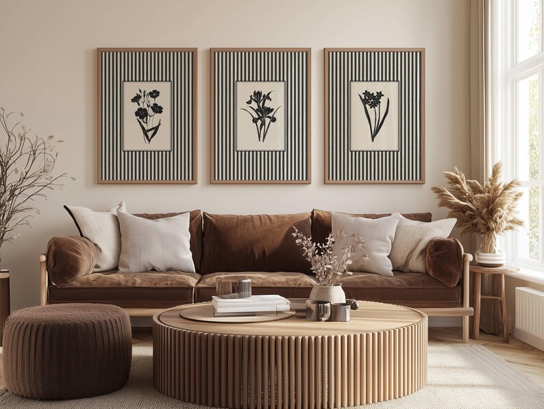 Vintage Botanical Wall Art Set of 3 Black and White Striped Prints ...