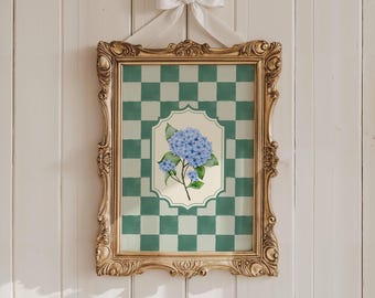Blue Hydrangea Printable Wall Art Green Gingham Floral Print Vintage Rustic Decor Hand-Painted Botanical Home Decor Living Room Bedroom Gift