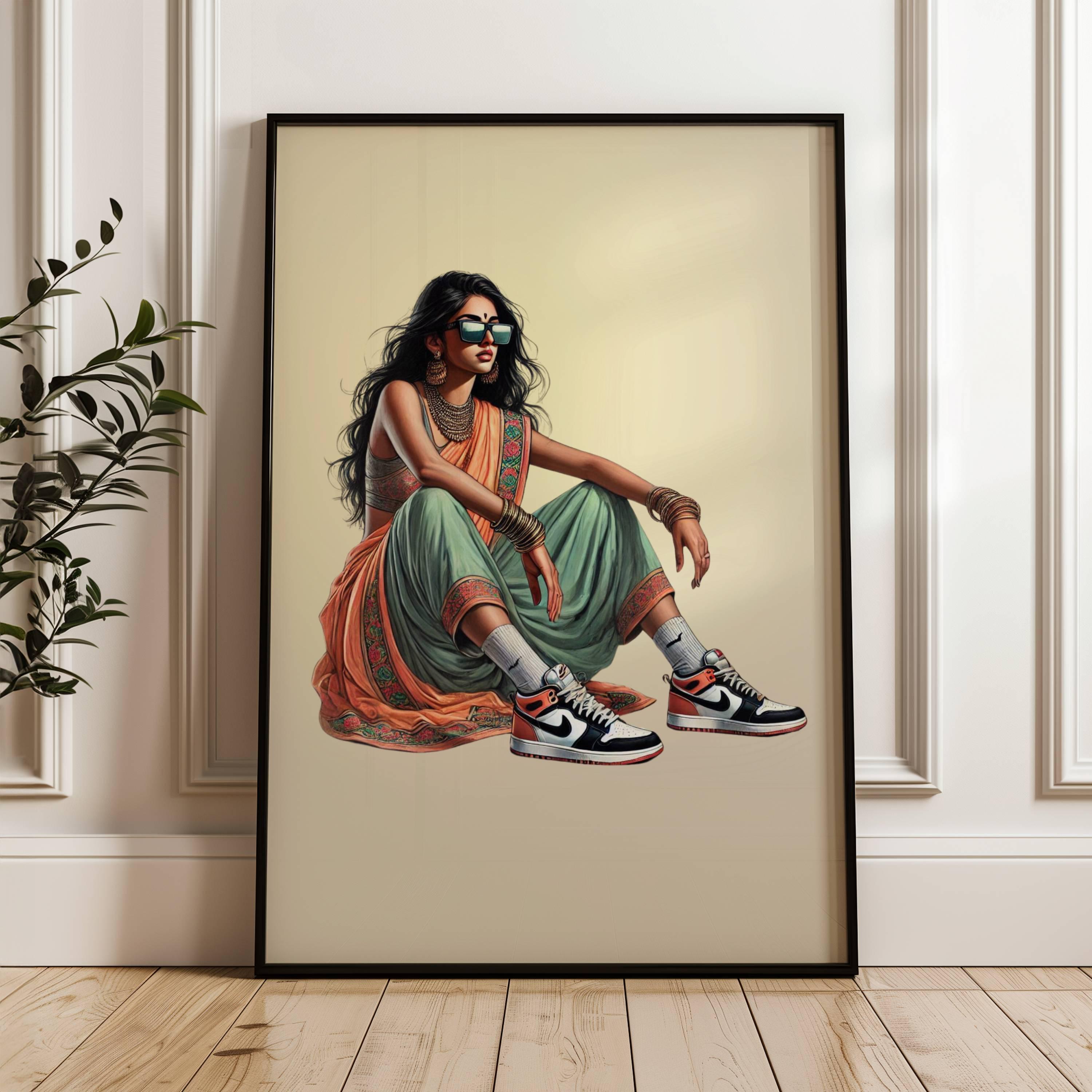 Modern Indian Woman Sitting Art Indian Pop Desi Women Sitting Art Indian Wall Art Sneakers Feminist Poster Desi Girl Swag Art