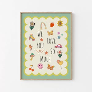 Stampa artistica da parete retrò per bambini, download digitale, illustrazione vintage, messaggio d'amore, decorazione da parete, camera da letto carina, cameretta per bambini, design arcobaleno, arte con margherite
