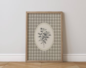 Decorazione murale floreale rustica a quadretti, stampa botanica vintage, arredamento per la casa neutro, download digitale