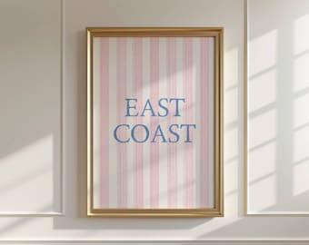East Coast Print Digital Download Beach House Decor Coastal Style Preppy Art Nautical Theme Blue Pink Stripe Accent Coastal Decor Preppy