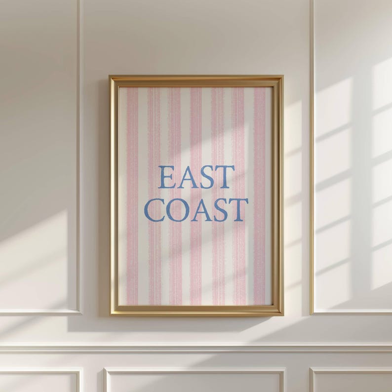 Preppy Coastal Print Digital Wall Art East Coast Design Blue Pink Stripes Nautical Theme Artwork Home Office Display Beach House Style Multiple Sizes Available Contemporary Interior Design Professional Quality Download Instant Access