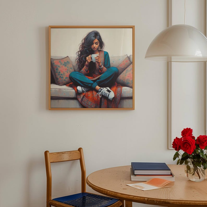 May include: A framed art print shows a person seated cross-legged on a sofa, holding a mug. The person wears teal clothing and white trainers. The sofa has floral cushions and a red patterned blanket. The artwork is in a room with a wooden chair and table.