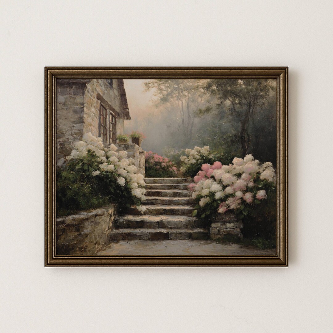 Cottage Garden Wall Art Vintage Hydrangea Landscape Print Rustic ...