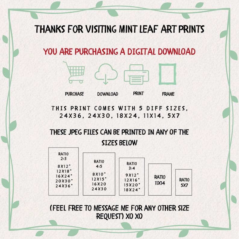 May include: A digital download print advertisement from Mint Leaf Art Prints. The text includes "Thanks for visiting" and details about print sizes, including 8x12 inches, 12x18 inches, 16x24 inches, 20x30 inches, and 24x36 inches. The ad also mentions the print comes in 5 different sizes.