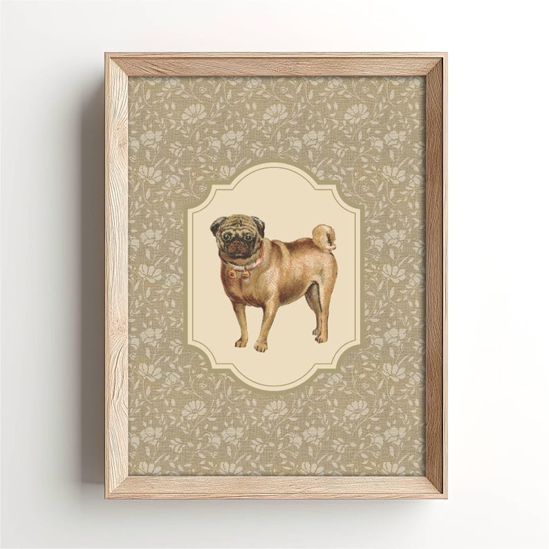Vintage Dog Print Nursery Decor Floral Vintage Pug Dog Wall Art Antique ...