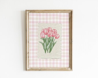 Vintage Tulip Illustration Print Abstract Vintage Painting Pink Botanical Digital Checkered Trendy Decor Cornflower Pink Tulip Wall Art