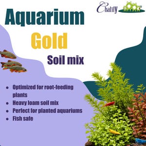 May include: Aquarium Gold Soil mix product label featuring the Chalily logo, text describing a heavy loam soil mix for root-feeding plants, and illustrations of small spotted fish, a red shrimp, a yellow shrimp, and green aquatic plants.