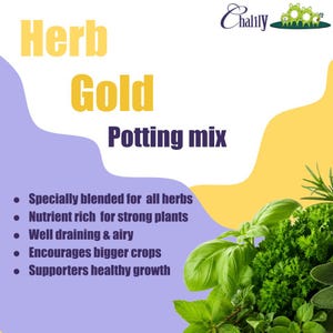 May include: A product label for Herb Gold Potting mix featuring the Chalily brand logo with green frog graphics. The text highlights benefits including nutrient-rich, well-draining, and airy properties for herbs, alongside fresh green herbs.