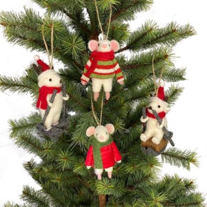 Set of 4 Skiing Mice Ornaments Natural Wool and Felt with Twine Ornament Loop Christmas Decor Xmas Animal Mini Decorations
