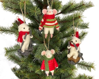 Set of 4 Skiing Mice Ornaments Natural Wool and Felt with Twine Ornament Loop Christmas Decor Xmas Animal Mini Decorations