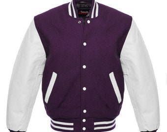 Custom Varsity Letterman Wrestling Jacket White Leather & Purple Wool Premium Authentic Letterman Handmade jacket For Man And Women