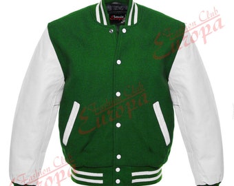 Varsity Letterman Football Sports Jacket Custom Color Leather & Bright Kelly Green Wool Premium Letterman Handmade Jacket For Men And Women