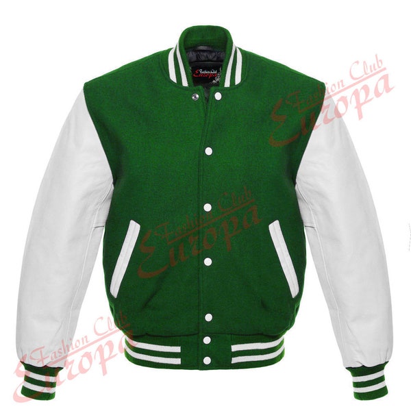 Varsity Letterman Football Sports Jacket Custom Color Leather & Bright Kelly Green Wool Premium Letterman Handmade Jacket For Men And Women