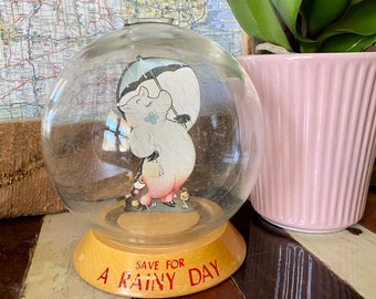 Vintage piggy bank Vic Moran save for a rainy day bubble bank vintage glass bank