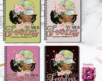 She Is Fearless Notebook | Black Woman Art Journal | Floral Portrait | Faith Proverb Notebook | Inspirational Gift