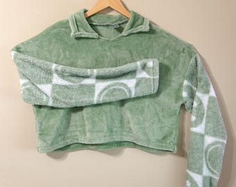 XL Crop Top Sweater: Sage Green Plush Checkered Smiley (Thermal + Forever Soft)