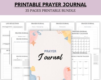 May include: A printable prayer journal bundle with 35 pages. The cover features a watercolor design with pink, blue, and yellow abstract shapes. The title "Prayer Journal" is written in a large, stylized font.
